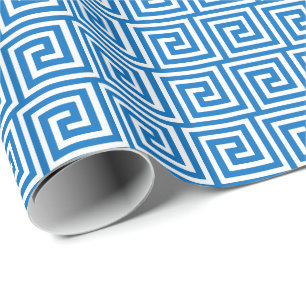 Papier Cadeau Clé grecque, bleu cerulean et blanc