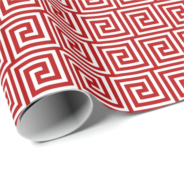 Papier Cadeau Clé grecque, rouge-foncé et blanc (Coin rond)
