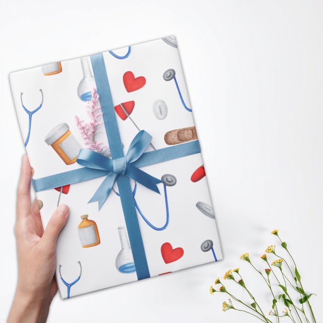 Papier Cadeau Clinique Docteur et Infirmière Outils Médicales An (Créateur téléchargé)