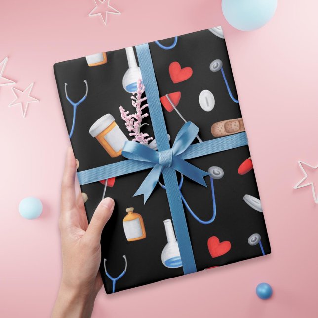 Papier Cadeau Clinique Noire Docteur Infirmière Outils Médicales (Créateur téléchargé)