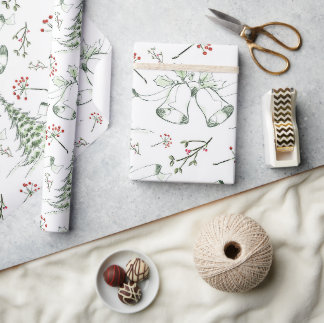 Papier Cadeau Cloche de Noël Élégante & Croquis de Houx