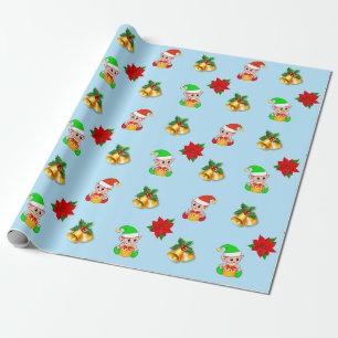 Papier Cadeau cloches de Noël, poinsettia et décoration de lutin