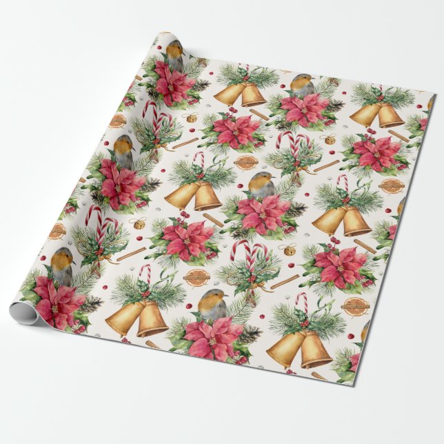 Papier Cadeau cloches de Noël, poinsettia, robin, sucres de cann (Déroulé)