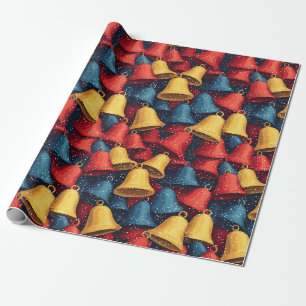 Papier Cadeau Cloches de Noël rouge, bleu et jaune