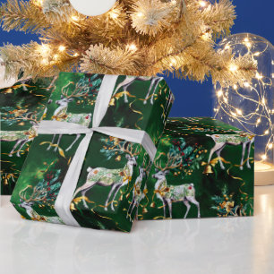 Papier Cadeau Cloches et rennes d'or de Noël classiques