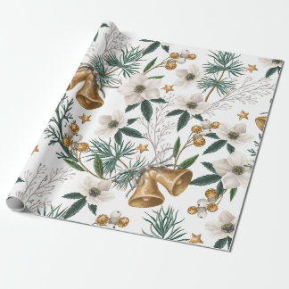 Papier Cadeau Clochettes dorées élégantes et motif floral blanc 