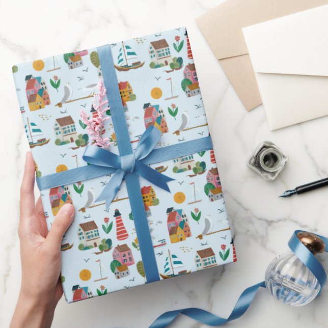 Papier Cadeau Coastal Village Blue Baby shower Party (Cadeaux)