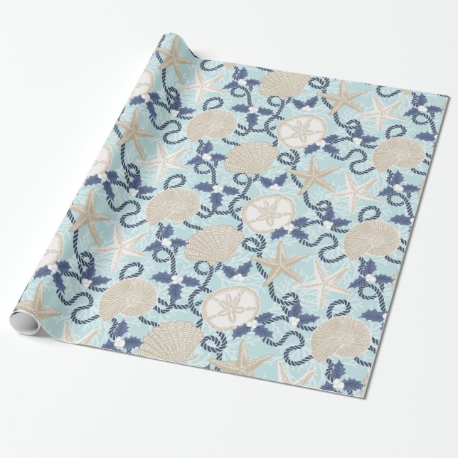 Papier Cadeau Coastère de Noël Coques de mer tropicale - Bleu (Déroulé)