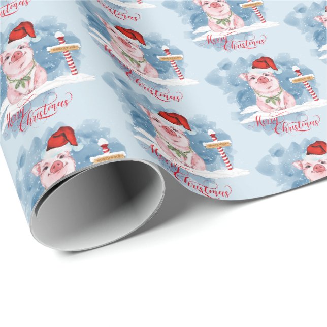 Papier Cadeau Cochon de Noël mignon au pôle Nord (Coin rond)