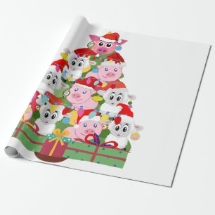 Papier Cadeau Cochons mignons et moutons Arbre de Noël