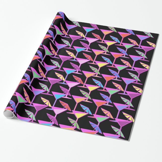 Papier Cadeau Cocktails colorés sur Motif noir (Déroulé)