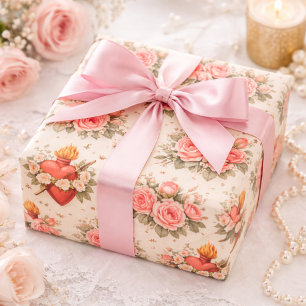 Papier Cadeau Cœur catholique élégant de Marie Roses roses