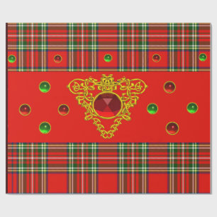 PAPIER CADEAU COEUR CELTIQUE D'OR, RUBIS, TARTAN ÉCOSSAIS VERT