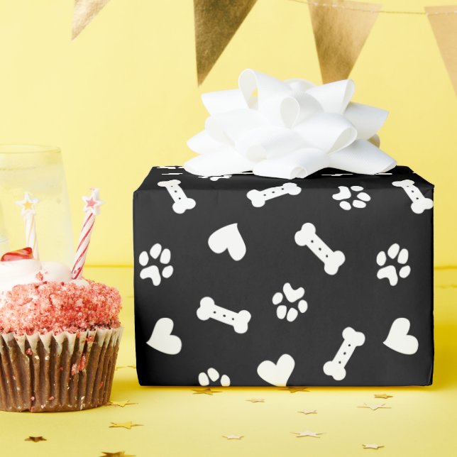 Papier Cadeau Coeur Chien Paws Et Os Noir  (Fête d'anniversaire)