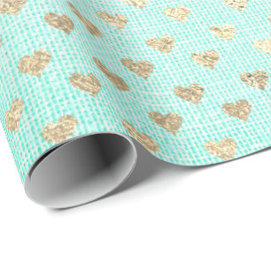 Papier Cadeau Coeur Confetti Metallic Tiffany Aqua Gold Linen