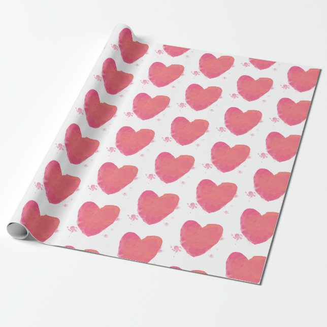 Papier Cadeau Coeur d'aquarelle rose (Déroulé)