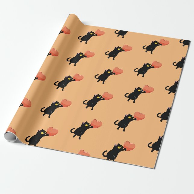 Papier Cadeau Coeur d'attente du chat noir (Déroulé)