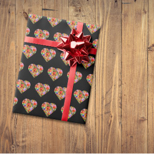 Papier Cadeau Coeur de couleur moderne noir motif