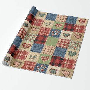 Papier Cadeau Cœur de courtepoint de campagne Patchwork Rouge Bl