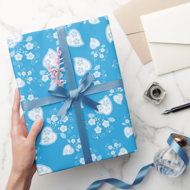 Papier Cadeau Coeur de fleur bleu avec fleurs motif (Cadeaux)