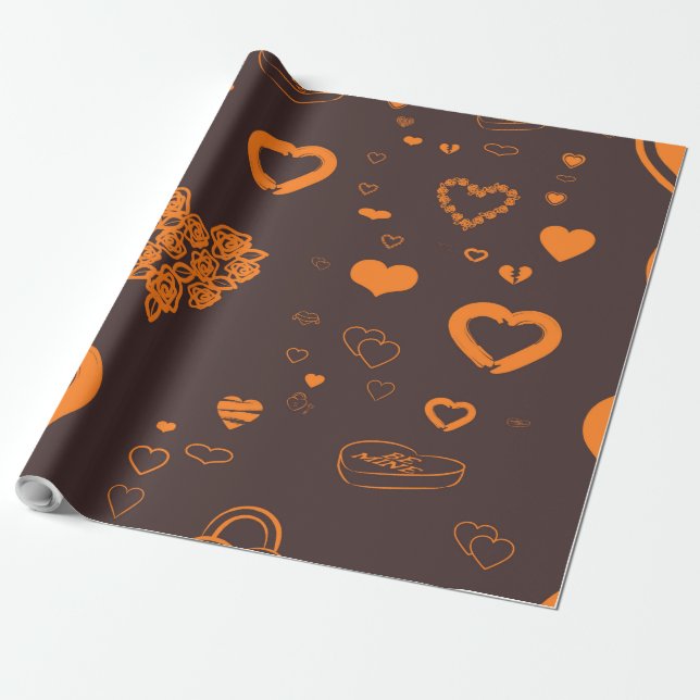 Papier Cadeau Coeur mignon Moderne Orange (Déroulé)
