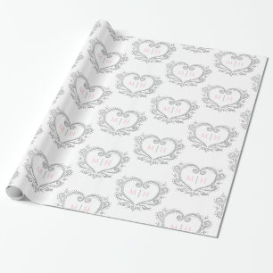 Papier Cadeau Coeur monogramme argent blanc initiales rose maria