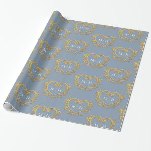 Papier Cadeau Coeur monogramme or sur mariage bleu poussiéreux