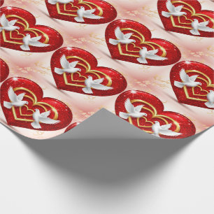 Papier Cadeau Cœur Pailleté Rouge Avec Cœurs D'Or Et Colombes Bl