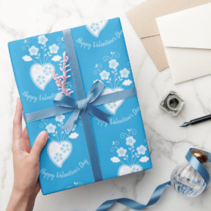 Papier Cadeau Coeur romantique bleu portugais