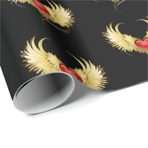 Papier Cadeau Coeur rouge avec ailes d'or