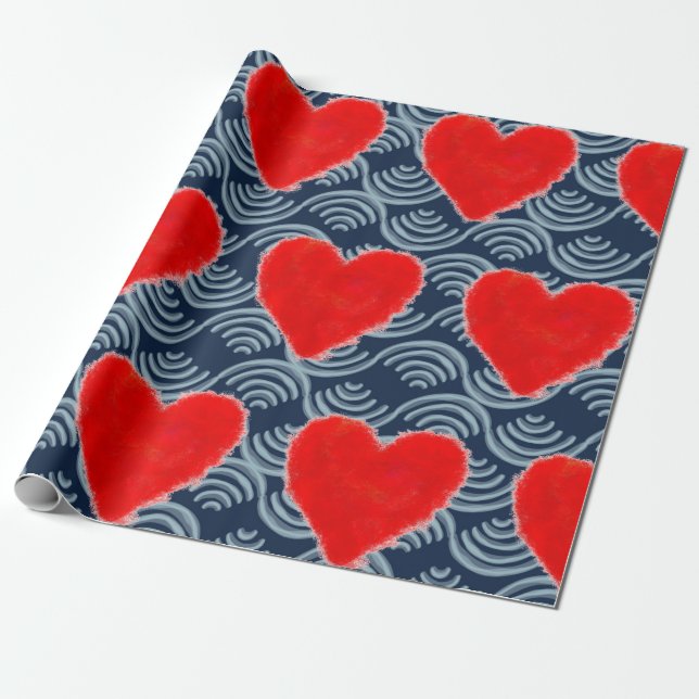 PAPIER CADEAU COEUR ROUGE PEINTÉ SUR BLEUE ARRIÈRE - PLAN CADEAU (Déroulé)