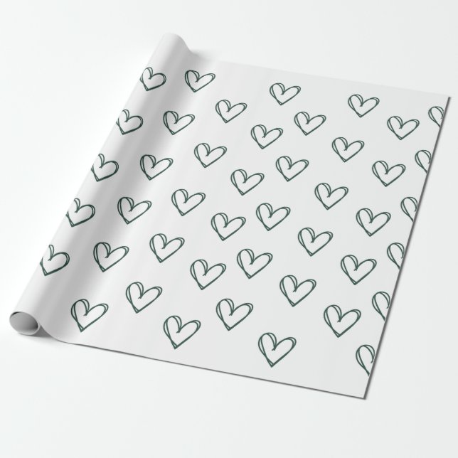 Papier Cadeau coeur vert sur feuille d'emballage blanche (Déroulé)