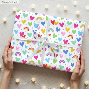 Papier Cadeau Cœurs Arc-en-ciel Étoiles Célébration Saint-Valent
