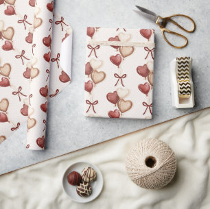 Papier Cadeau Cœurs Arcs Amour Blanc Crème Rouge