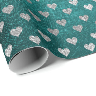 Papier Cadeau Coeurs Argent Turquoise Aquatique Profond Tropical