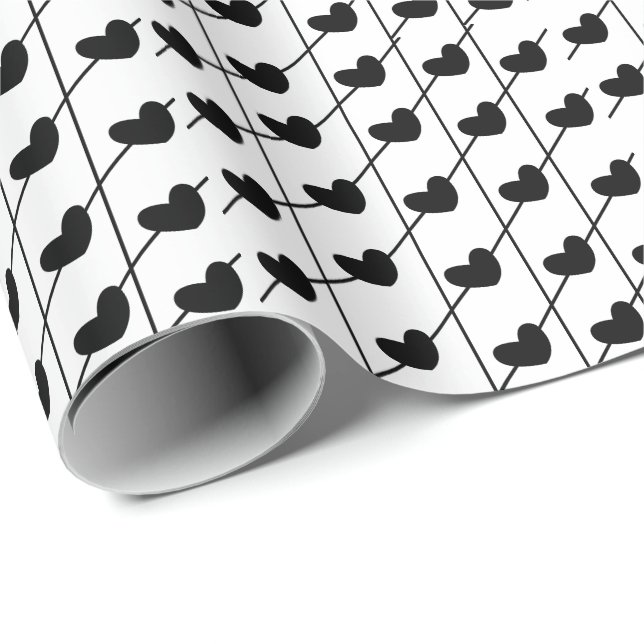 Papier Cadeau Coeurs avec stries Noir et Blanc (Coin rond)