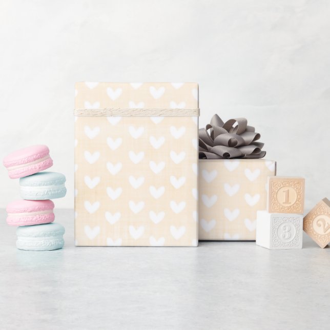 Papier Cadeau Cœurs blancs sur lin crème (Baby Shower)