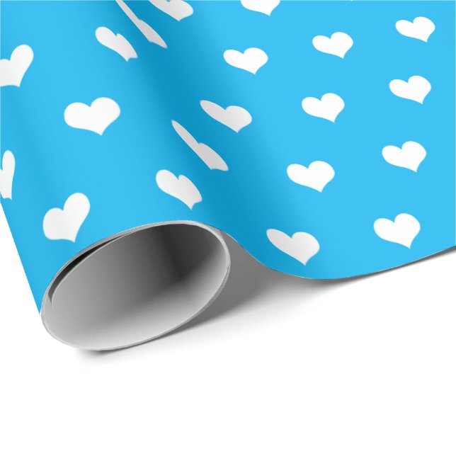 Papier Cadeau coeurs blancs sur papier d'emballage aqua (Coin rond)