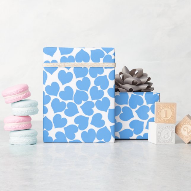 Papier Cadeau Coeurs bleus sur blanc (Baby Shower)