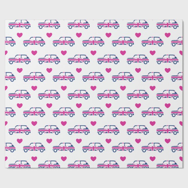 Papier Cadeau Coeurs britanniques de Mini Cooper - bleu et rose (Plat)