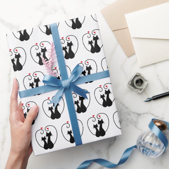 Papier Cadeau Coeurs d'amour de chats noirs (Cadeaux)