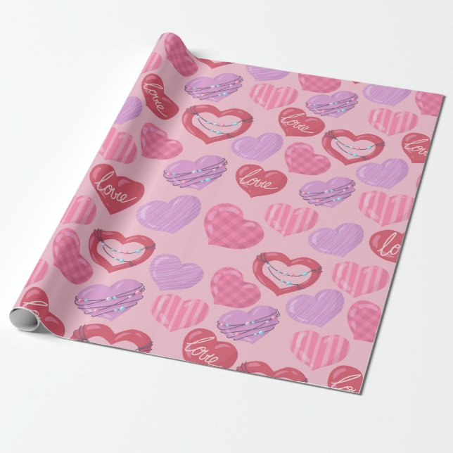 Papier Cadeau Coeurs d'amour rose, rouge et violet (Déroulé)