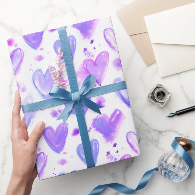 Papier Cadeau Coeurs d'aquarelle passion violet (Cadeaux)