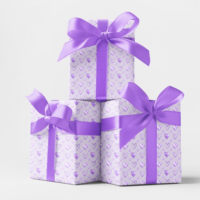 Papier Cadeau Coeurs d'aquarelle violet pâle (Pale Purple Watercolor Hearts Wrapping Paper)