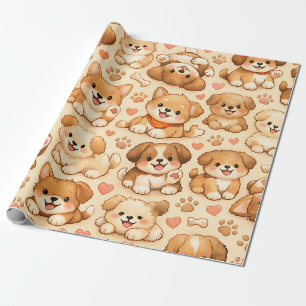 Papier Cadeau Cœurs de chiot mignons motif aquarelle (2)