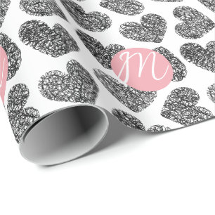 Papier Cadeau Coeurs de Doodle Noir et Blanc modernes Monogramme
