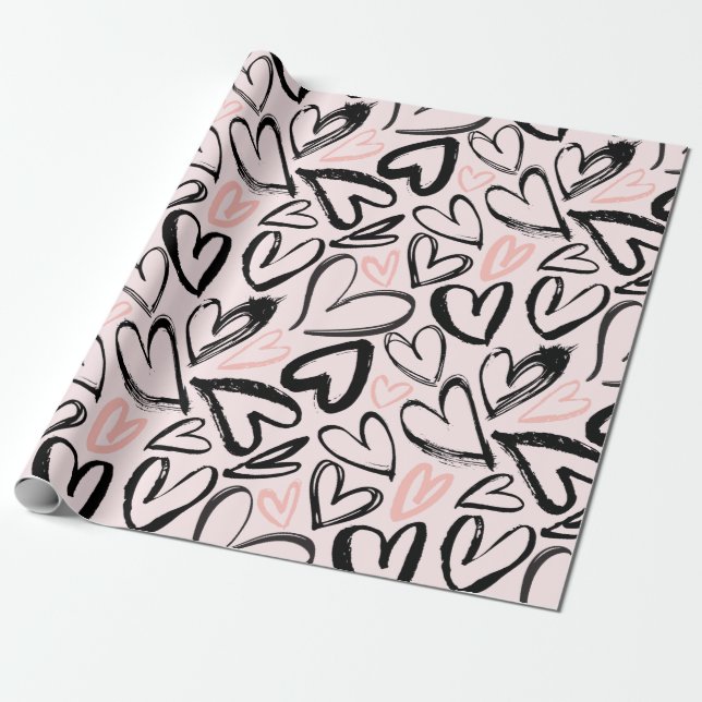 Papier Cadeau Coeurs de jour de valentines noires et roses migno (Déroulé)