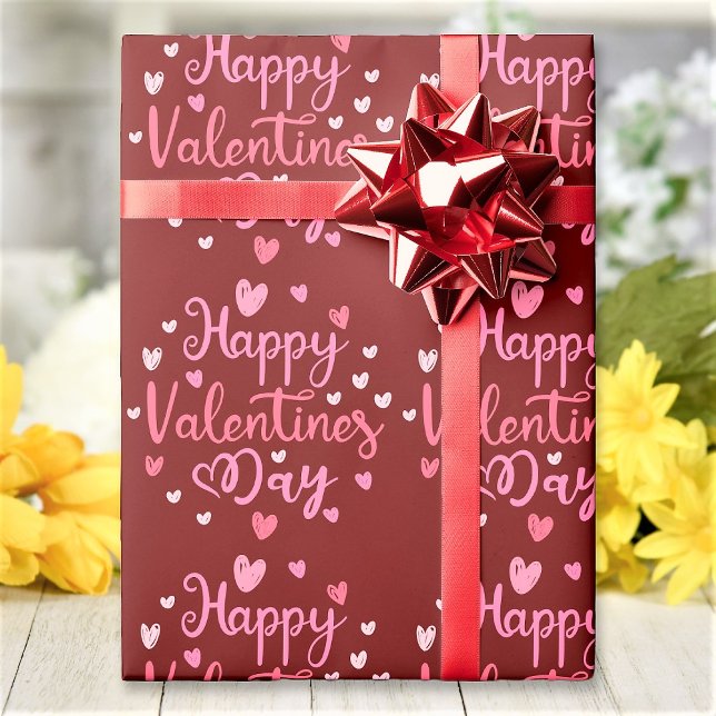 Papier Cadeau Coeurs de script Heureuse Sainte-Valentin rouge ro (Créateur téléchargé)