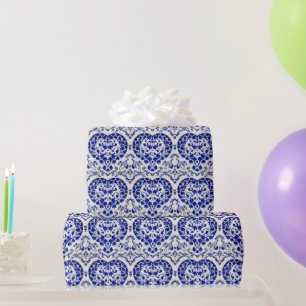 Papier Cadeau Coeurs d'encre bleue sur blanc - style hollandais