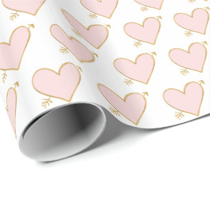 Papier Cadeau Coeurs d'or rose pâle avec flèches